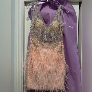 Beaded and Feather Mini Dress in Blush Pink